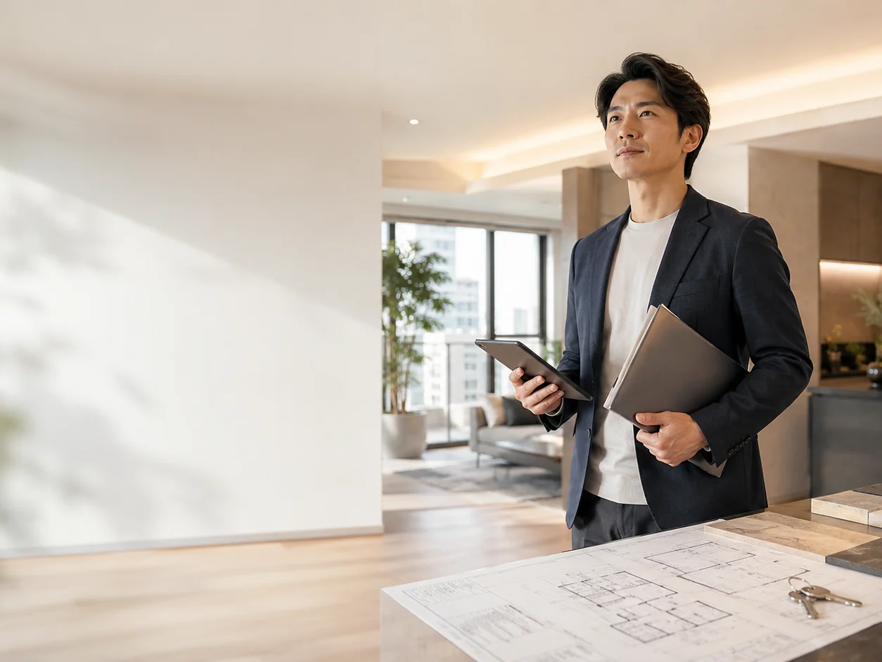 タブレットと図面を手に物件を提案する営業担当者